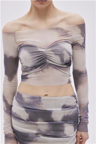 Beige Patterned Crop Tulle Blouse