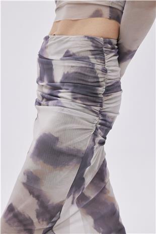 Beige Draped Midi Tulle Skirt