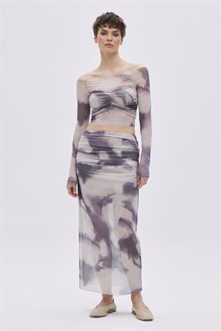 Beige Draped Midi Tulle Skirt