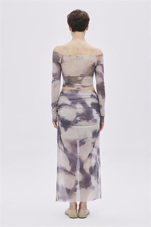 Beige Draped Midi Tulle Skirt