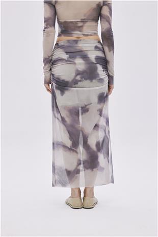 Beige Draped Midi Tulle Skirt