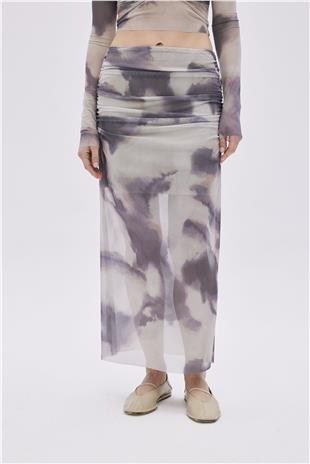 Beige Draped Midi Tulle Skirt