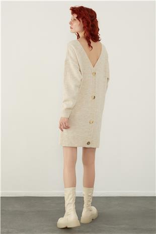 Beige Button Detailed Open Back Mini Knitwear Dress
