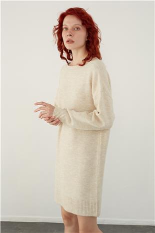 Beige Button Detailed Open Back Mini Knitwear Dress