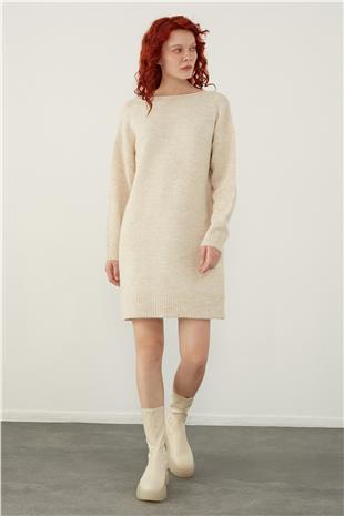 Beige Button Detailed Open Back Mini Knitwear Dress