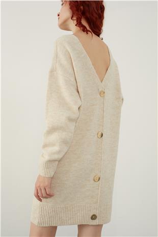 Beige Button Detailed Open Back Mini Knitwear Dress