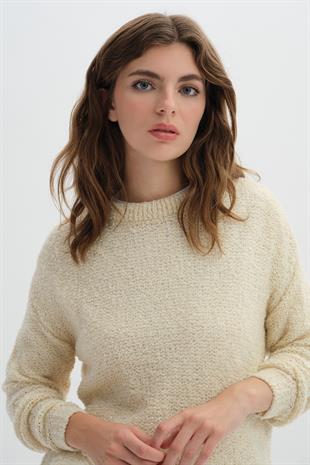 Bej Düşük Omuzlu Buklet Triko Kazak