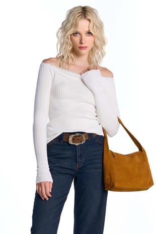 Bej Düşük Omuzlu Triko Bluz