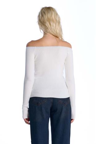 Bej Düşük Omuzlu Triko Bluz