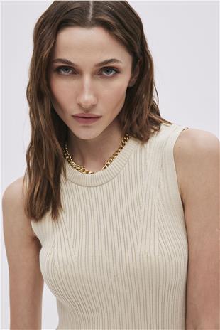 Beige Ribbed Mini Knitwear Dress