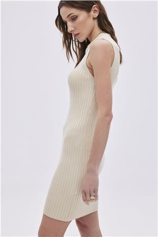 Beige Ribbed Mini Knitwear Dress