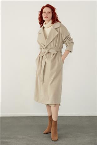 Beige Herringbone Patterned Belted Coat