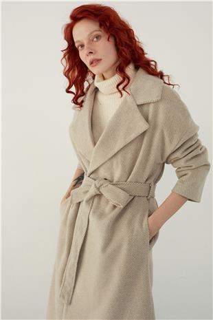 Beige Herringbone Patterned Belted Coat