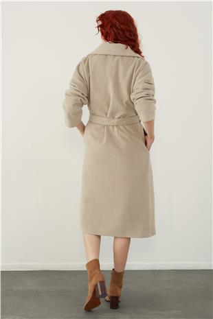 Beige Herringbone Patterned Belted Coat
