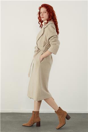 Beige Herringbone Patterned Belted Coat