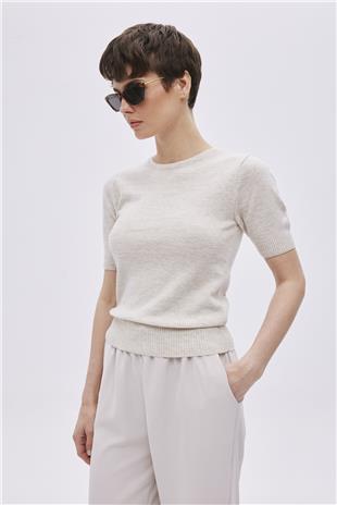 Beige Melange Short Sleeve Sweater