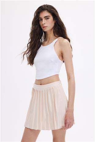 Bej Pileli Şort Etek