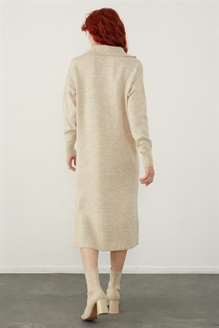 Beige Polo Neck Basic Midi Knitwear Dress