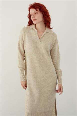 Beige Polo Neck Basic Midi Knitwear Dress