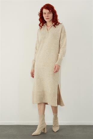 Beige Polo Neck Basic Midi Knitwear Dress
