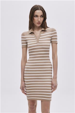 Beige Polo Neck Striped Knitwear Dress