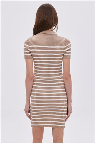 Beige Polo Neck Striped Knitwear Dress