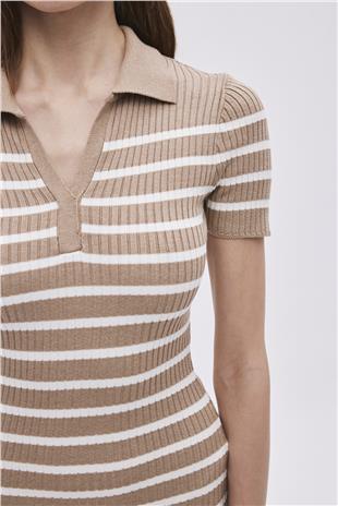 Beige Polo Neck Striped Knitwear Dress
