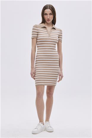 Beige Polo Neck Striped Knitwear Dress