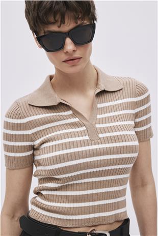 Beige Polo Neck Striped Knitwear Sweater
