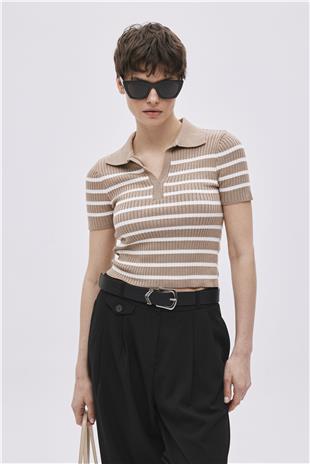Beige Polo Neck Striped Knitwear Sweater