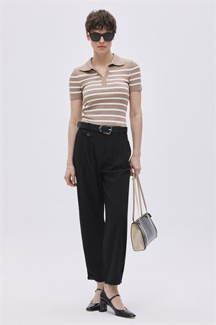 Beige Polo Neck Striped Knitwear Sweater