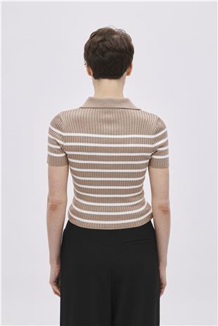 Beige Polo Neck Striped Knitwear Sweater