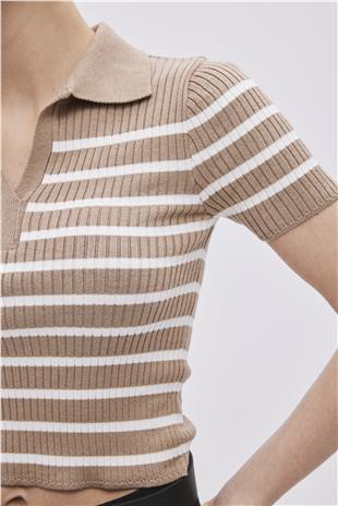 Beige Polo Neck Striped Knitwear Sweater