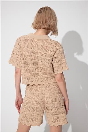 Beige Polo Collar Sweater Shorts Knitwear Suit SWTK4634-35BJ