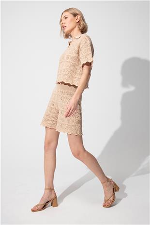 Beige Polo Collar Sweater Shorts Knitwear Suit SWTK4634-35BJ