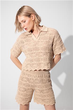 Beige Polo Collar Sweater Shorts Knitwear Suit SWTK4634-35BJ