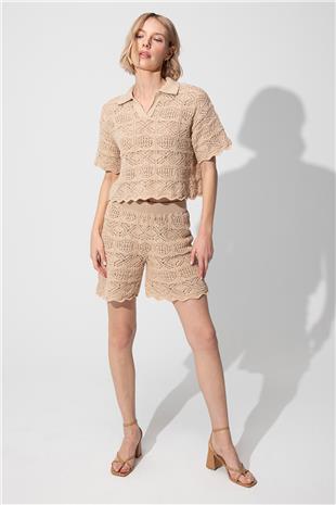 Beige Polo Collar Sweater Shorts Knitwear Suit SWTK4634-35BJ