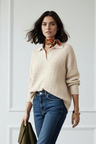 Bej Polo Yaka Oversize Triko Kazak