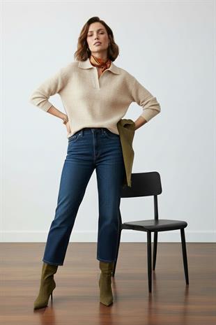 Bej Polo Yaka Oversize Triko Kazak