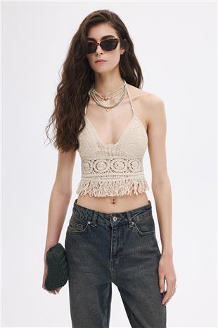 Bej Püsküllü Crop Top