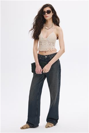 Bej Püsküllü Crop Top
