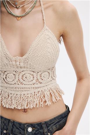 Bej Püsküllü Crop Top