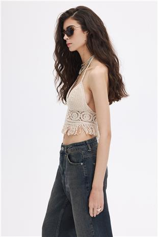 Bej Püsküllü Crop Top