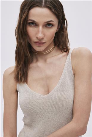 Beige Lurex V Neck Knitwear Dress