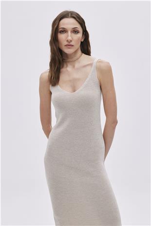 Beige Lurex V Neck Knitwear Dress