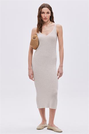 Beige Lurex V Neck Knitwear Dress