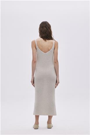 Beige Lurex V Neck Knitwear Dress