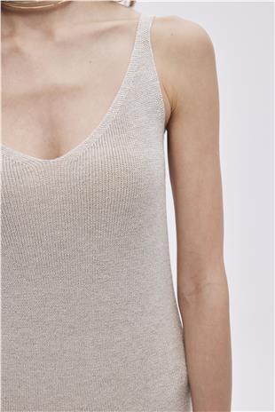 Beige Lurex V Neck Knitwear Dress