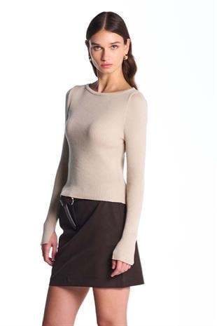 Beige Long Sleeve Ribbed Sweater