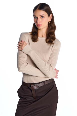 Beige Long Sleeve Ribbed Sweater